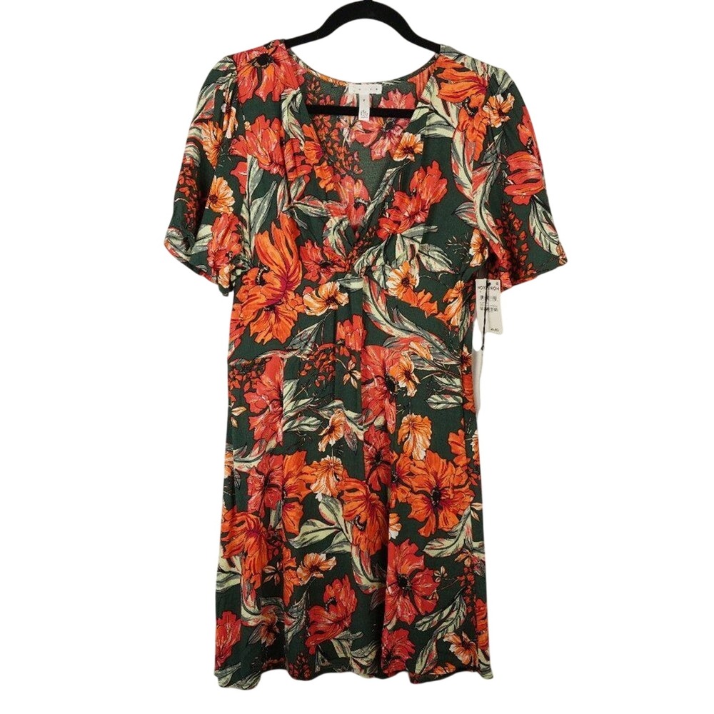 Leith Green Gables Chintz Floral V-Neck Mini Dress Short Sleeve Medium NWT